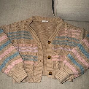 Lush Tan Cardigan with Pink and Blue Stripes